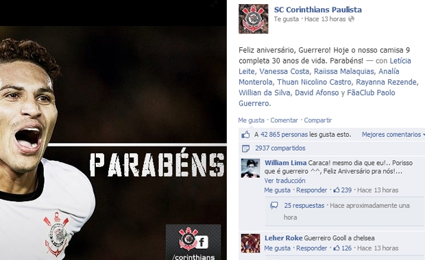 Corinthians saluda a Paolo Guerrero por su cumpleaños