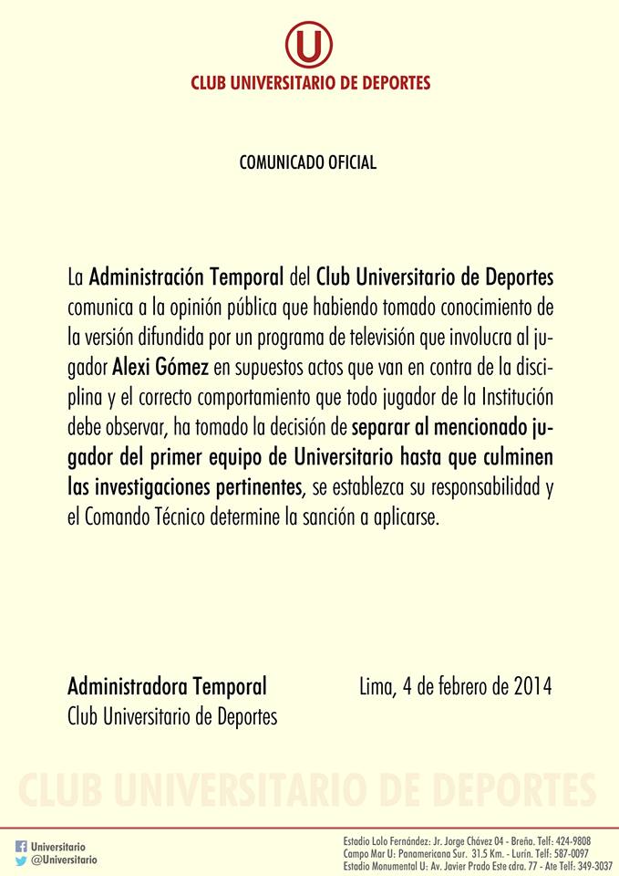 Alexi Gómez fue separado del primer equipo de Universitario
