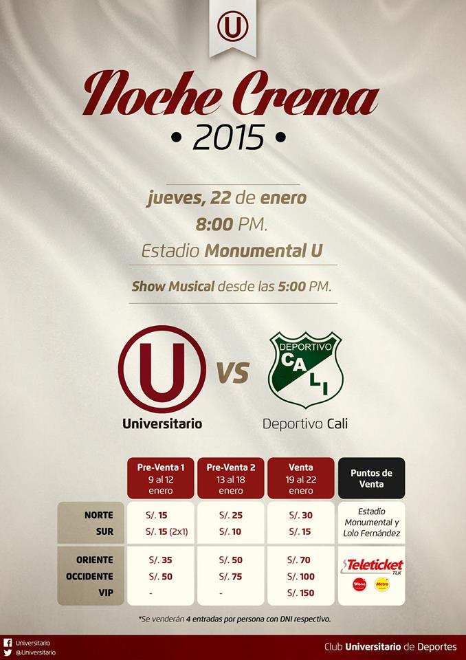 Universitario enfrentará a Dep. Cali en la ‘Noche Crema’